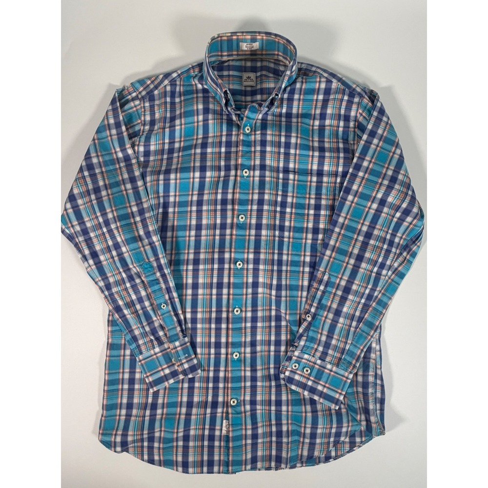 Peter Millar Mens Plaid Button Down Shirt Blue Cotton Gorpcore Minimalist M
